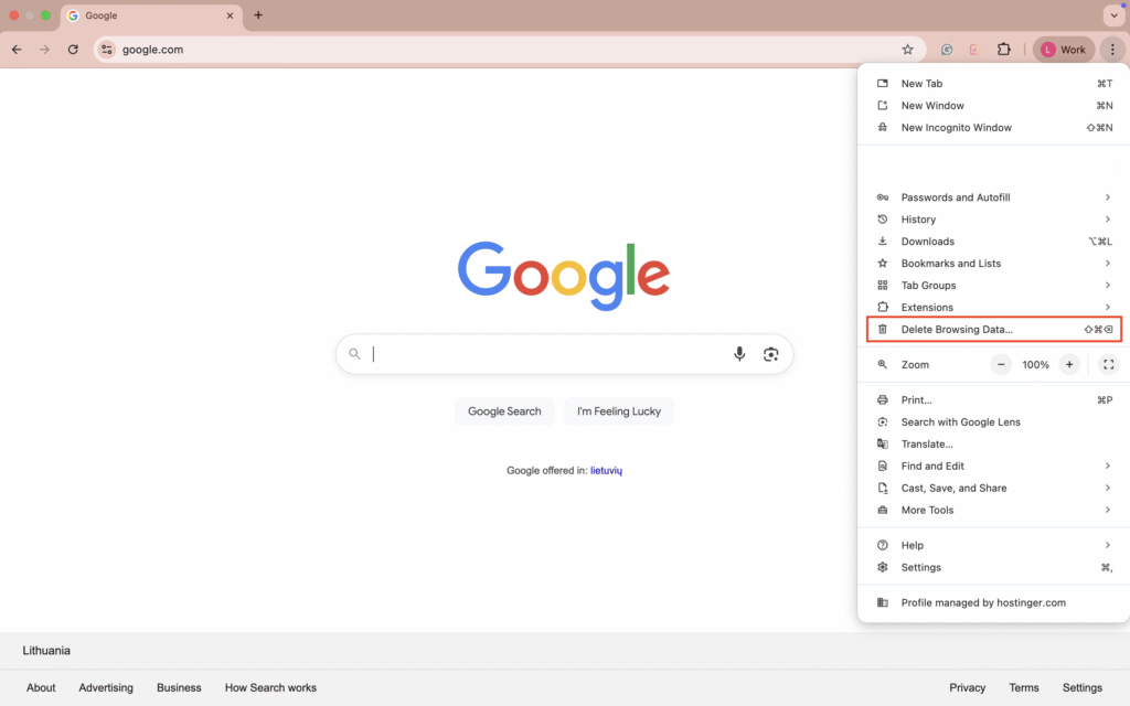Delete Browsing Data highlighted in the expanded browser settings