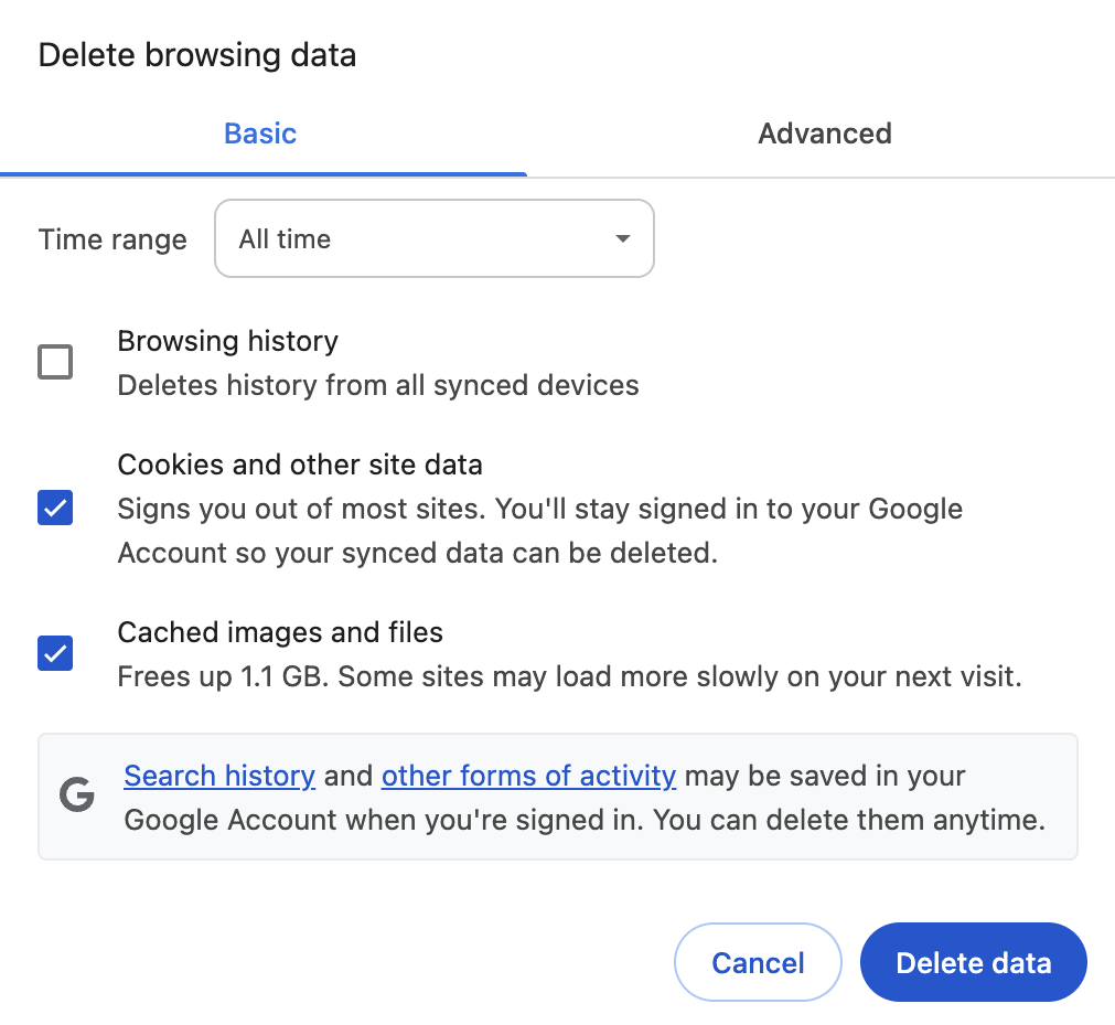 Google Chrome's Delete browsing data pop-up
