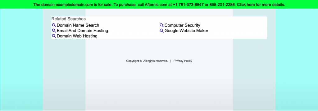 Informação que exampledomain.com está a venda e os detalhes de contato para comprá-lo.