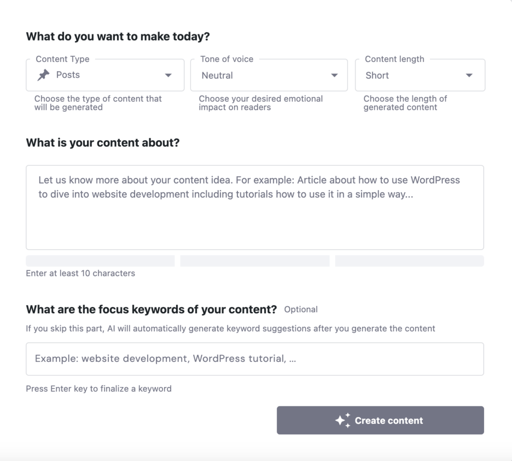 The Hostinger WordPress AI Content Creator tool interface
