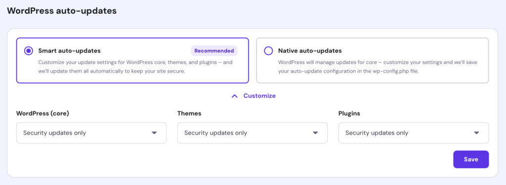 Hostinger's WordPress auto-updates feature with smart auto-updates and security updates only enabled
