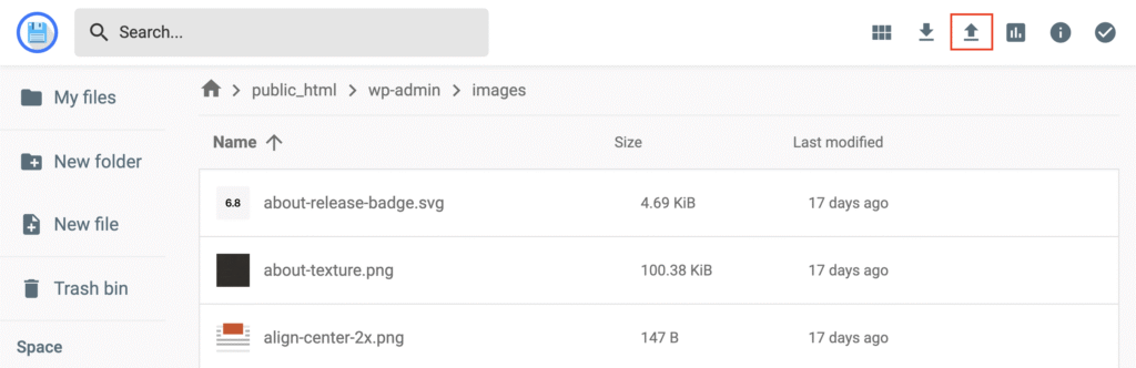 Upload button highlighted in Hostinger File Manager public_html folder