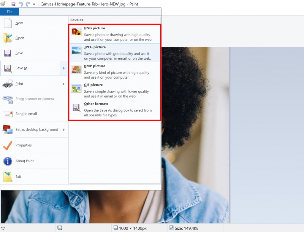 La fonction Enregistrer sous de Microsoft Paint offre différentes options de format mises en évidence.
