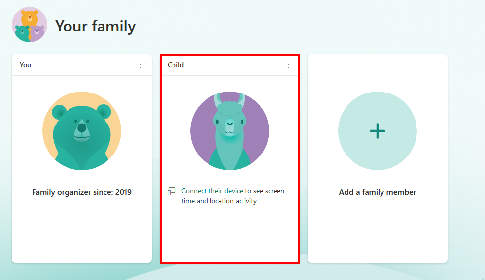 The Microsoft account page with the child account highlighted