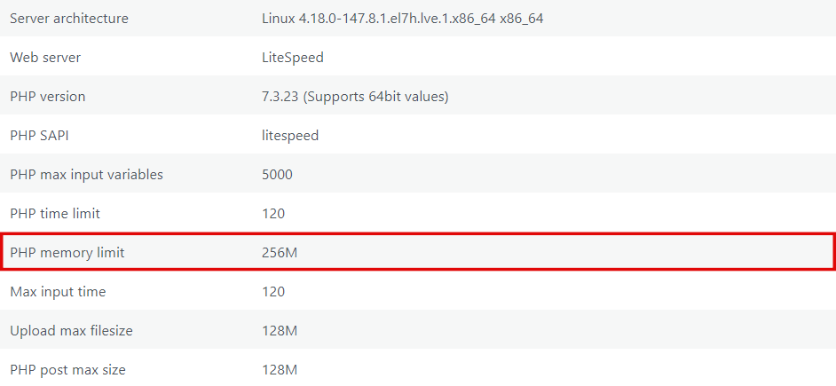 PHP memory limit - 256M.