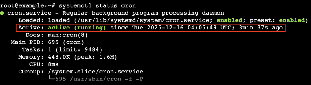 Terminal showing cron service active and running status