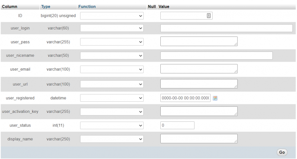 Filling out the fields to restore WordPress administrator privileges