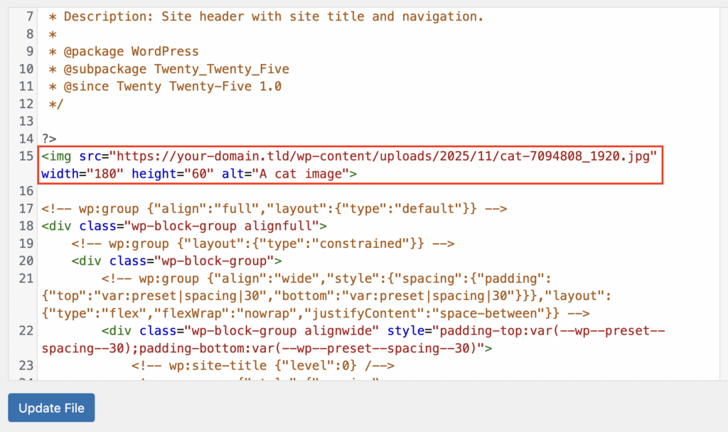 Full img tag with src, width, height, and alt highlighted in editor