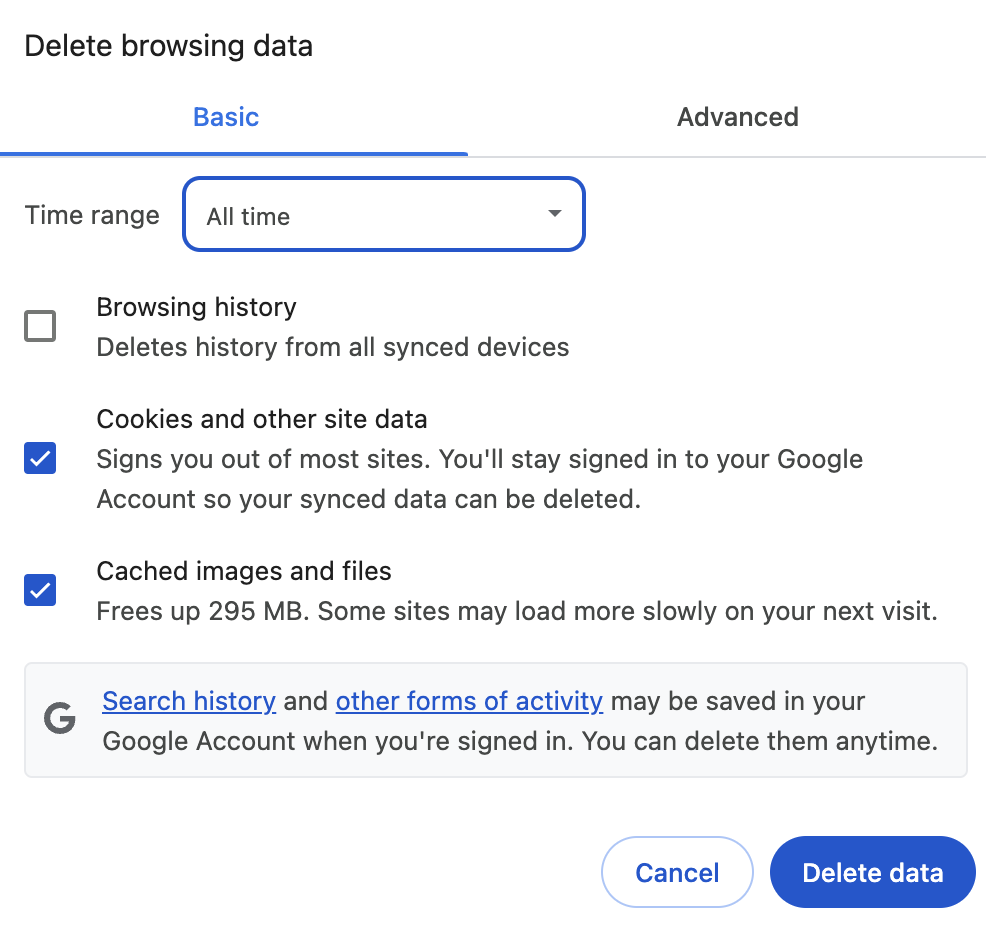 The options to delete browsing history, cache files, and cookies in Chrome