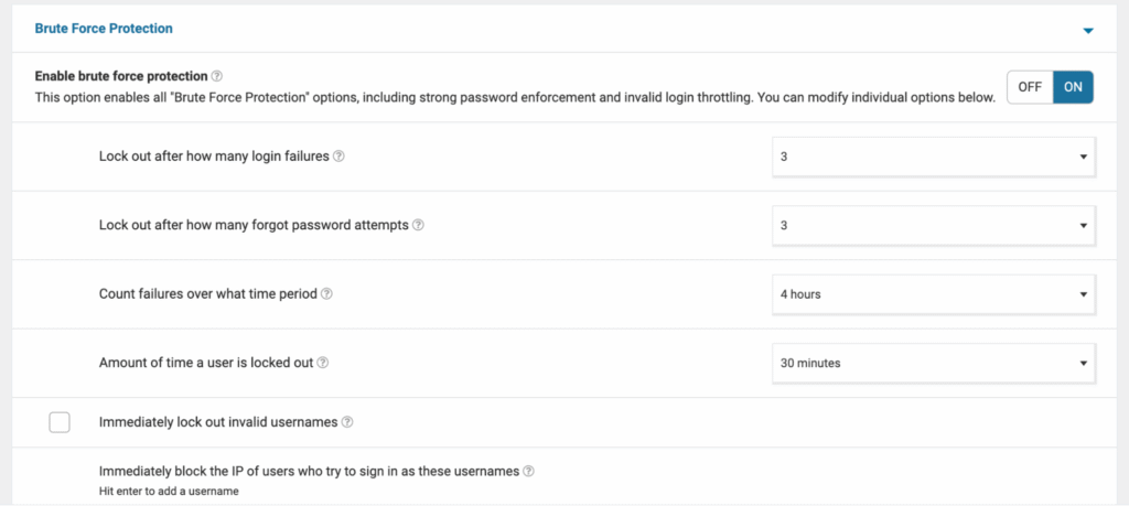 Wordfence Brute Force Protection settings