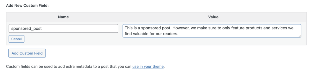 The add new custom field interface in WordPress post editor
