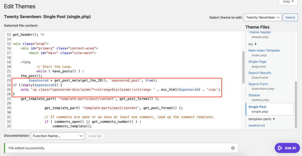 The added code lines to display WordPress custom field in the theme file