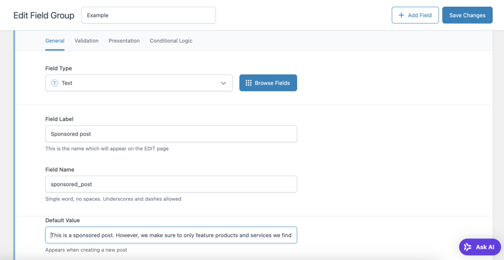 The custom field group editor interface in the SCF plugin
