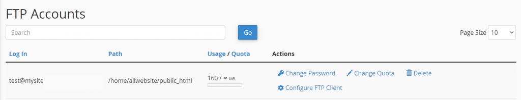 FTP Accounts section