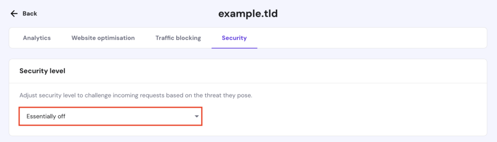The Essentially off option under the Security tab of hPanel's CDN