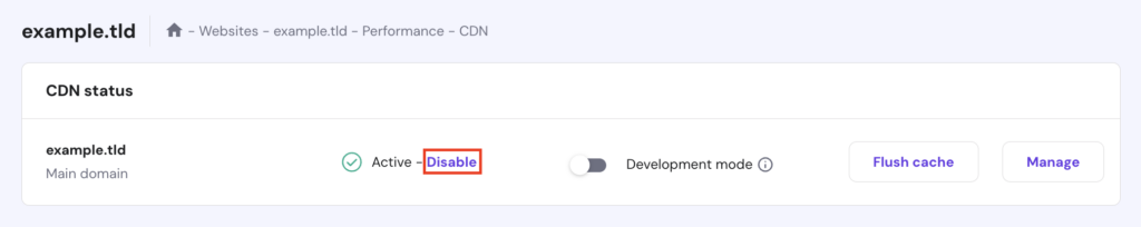 The Disable button in hPanel's CDN
