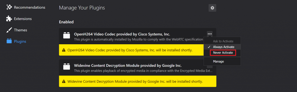 Disabling plugins by choosing never active.