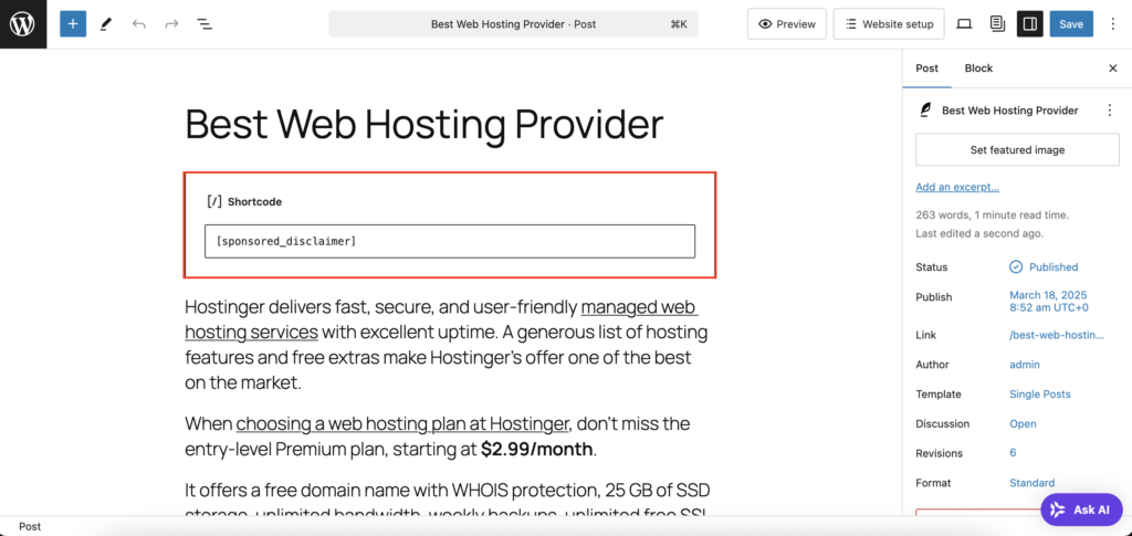 A shortcode block for showing a custom field