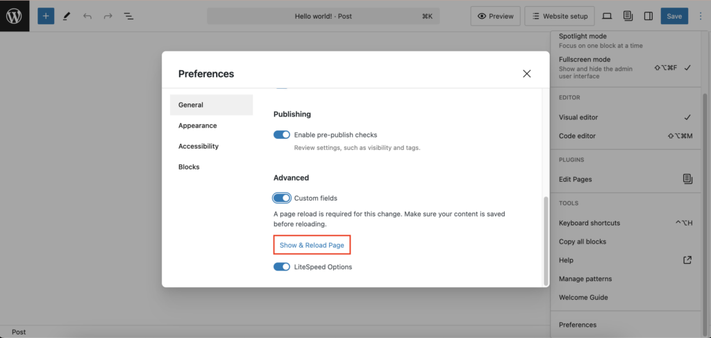 The Show & Reload Page button in WordPress Preferences menu
