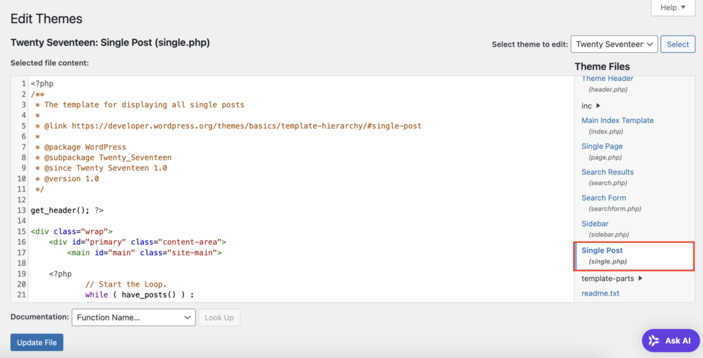 The single.php file opened in WordPress theme editor
