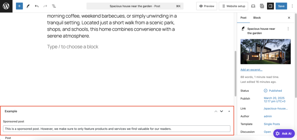 The custom field section in WordPress post editor created with the SCF and Meta Field Block plugins