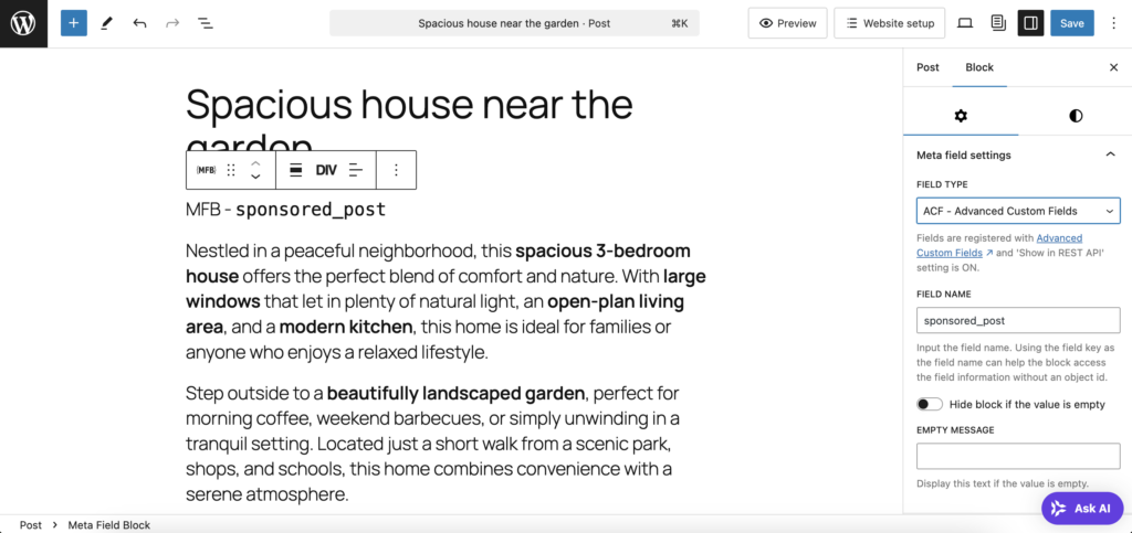 The Meta Fields block in WordPress block editor