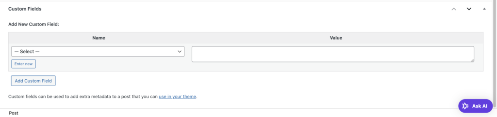 The WordPress custom field section in the post editor
