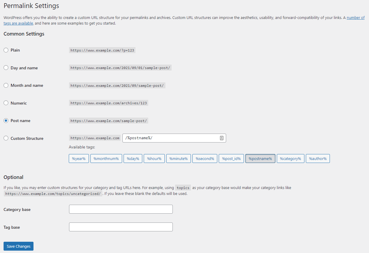 Permalink settings on WordPress dashboard
