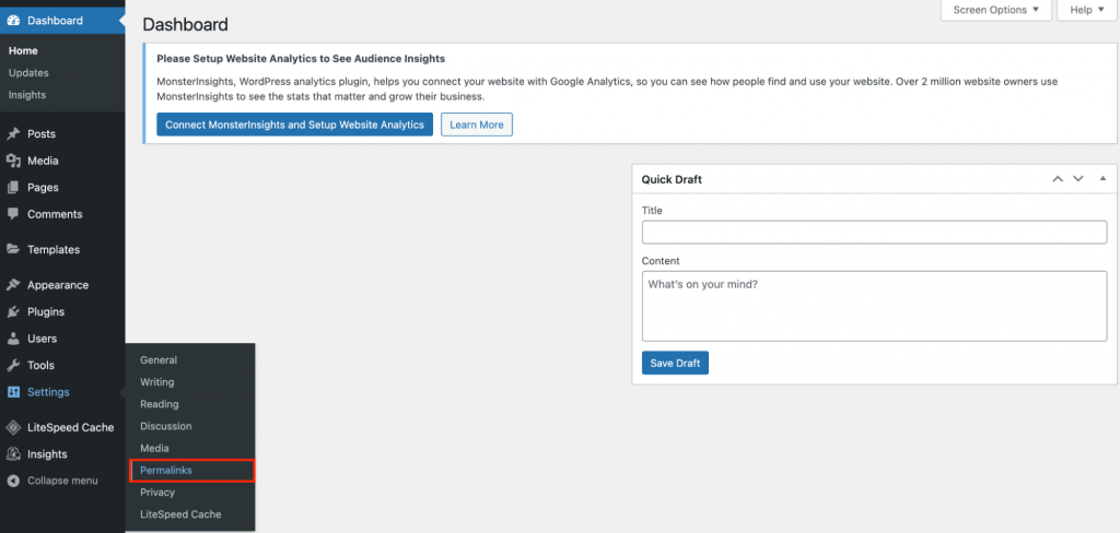 The Permalinks button in the WordPress dashboard