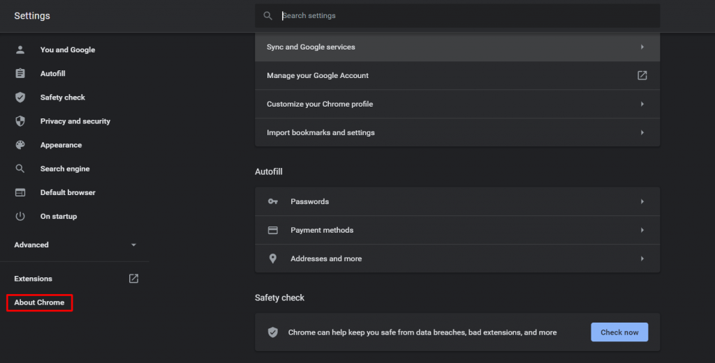 Google Chrome settings, highlighting About Chrome