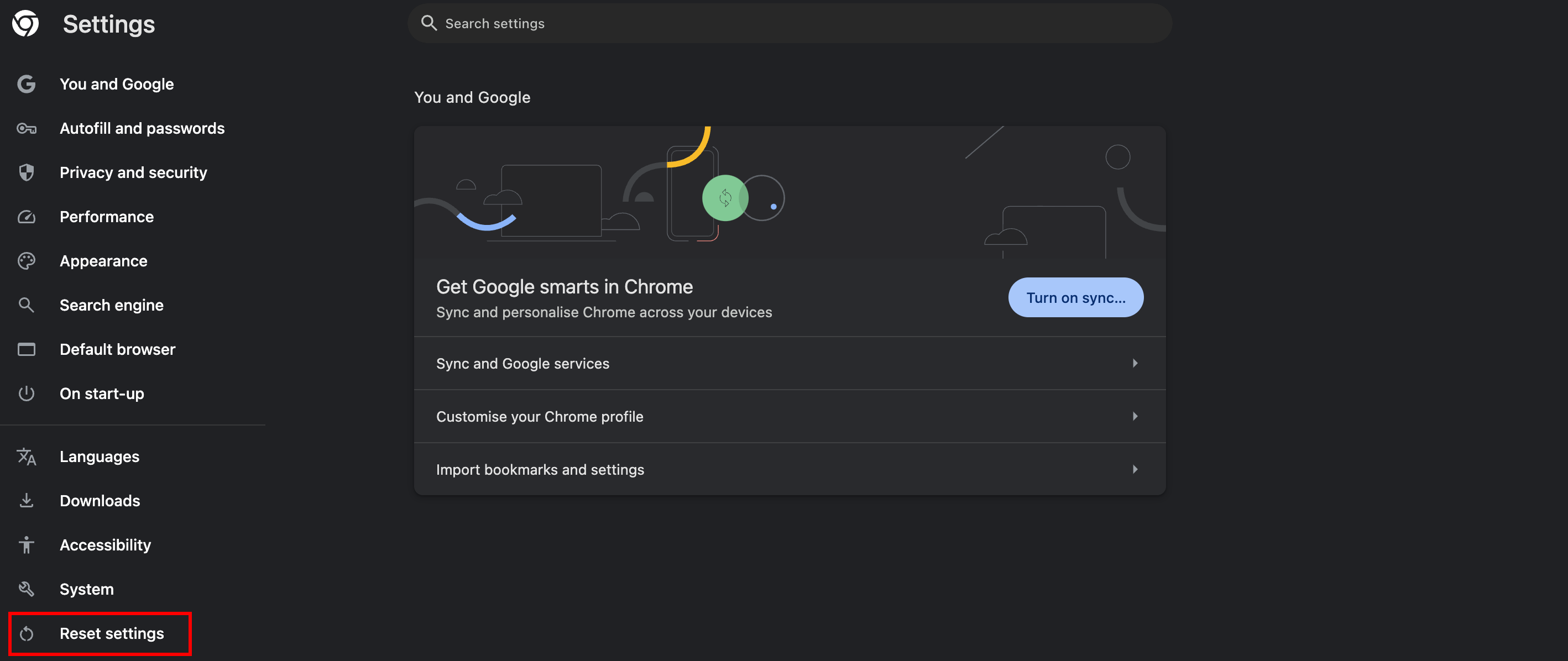Google Chrome reset settings button highlighted in red