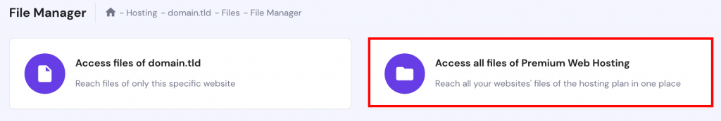 The Access all files of hosting option for the Hostinger file manager