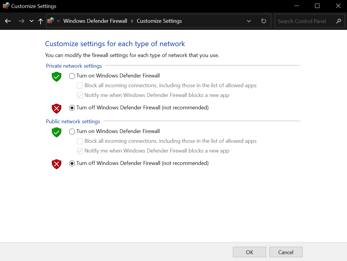 Turning off firewalls in both private and public networks