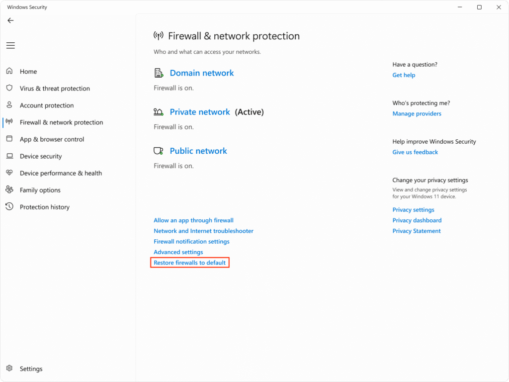 The Restore firewalls to default option in Windows