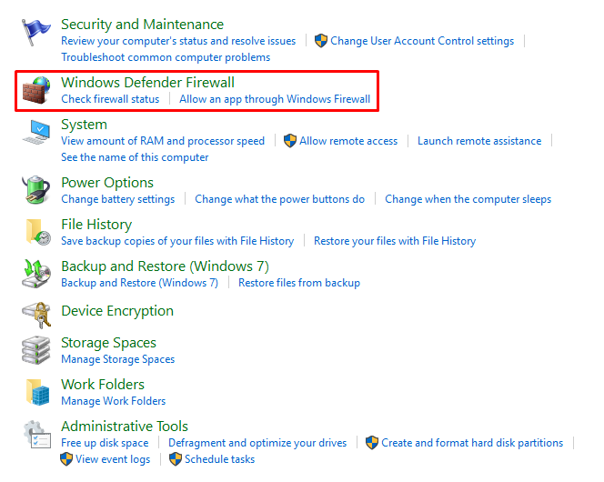 Windows firewall settings on the control panel
