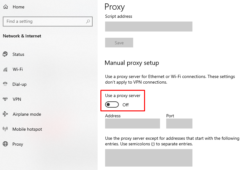 The Use a proxy server option in Windows' Proxy menu