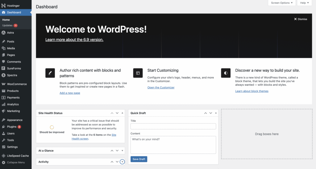 WordPress dashboard with various options.
