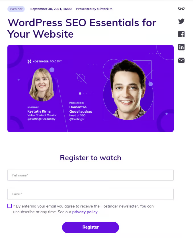 Registration pager for a Hostinger webinar