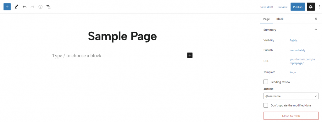 The page editor on WordPress