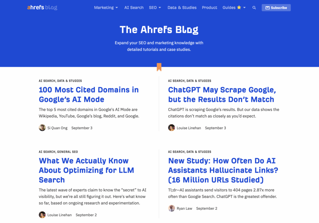 The Blog page of the Ahrefs website