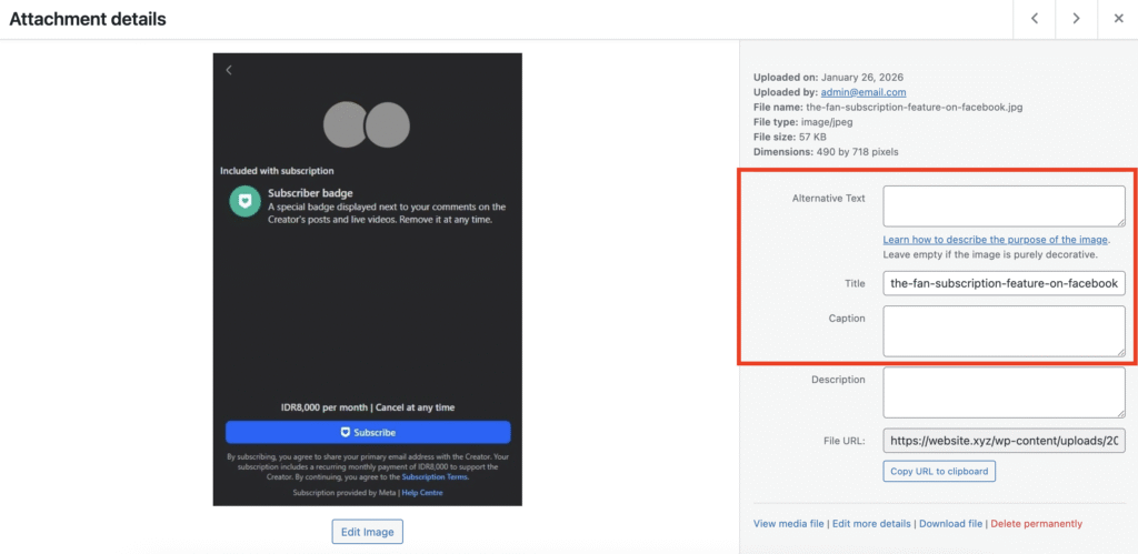 Attachment Details panel in WordPress
