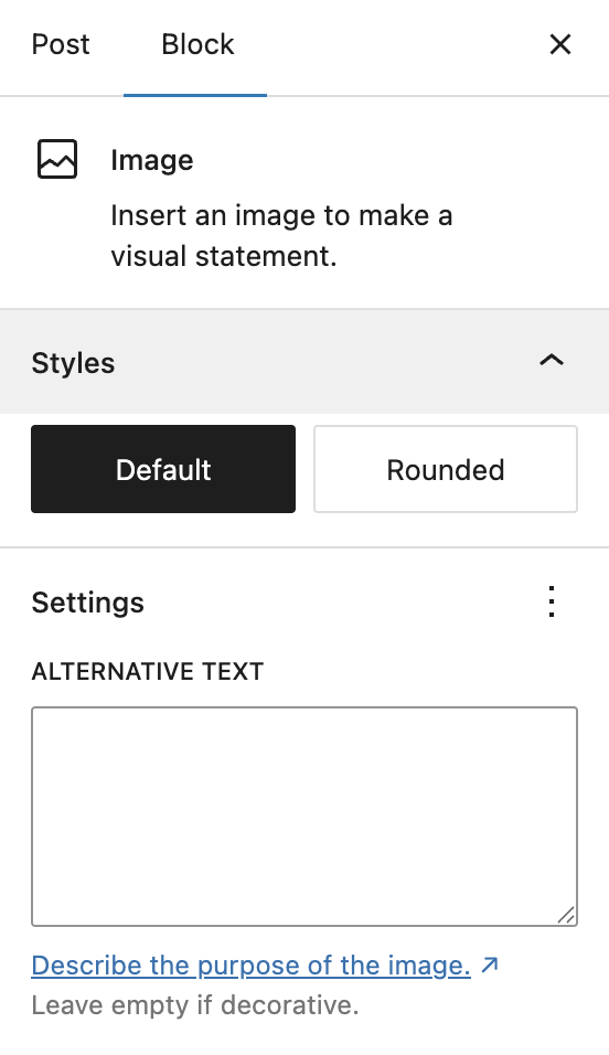 WordPress image block configuration menu