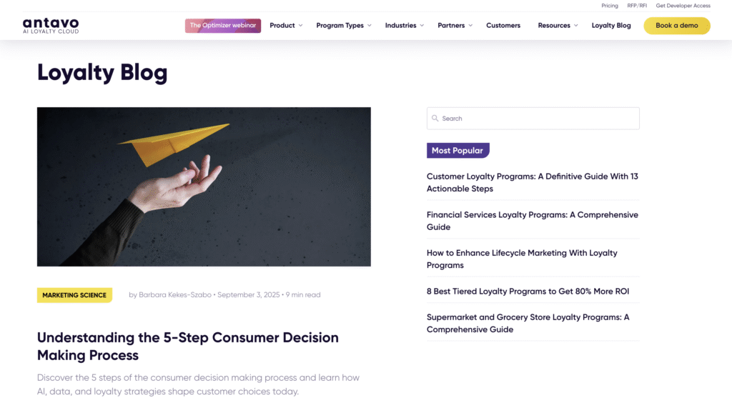 The Loyalty Blog page of Antavo's website