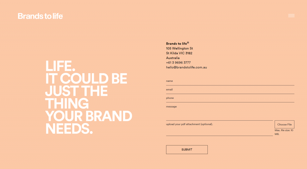 Brands to life's contact page
