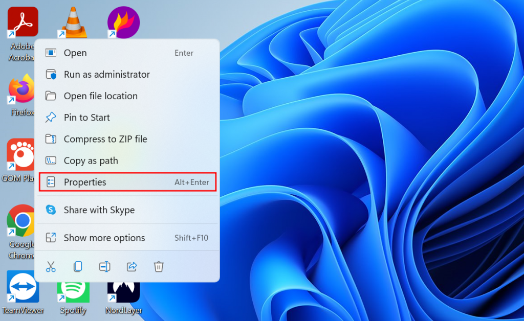 The Chrome browser's Properties menu highlighted