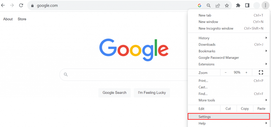 The Chrome browser's Settings menu highlighted