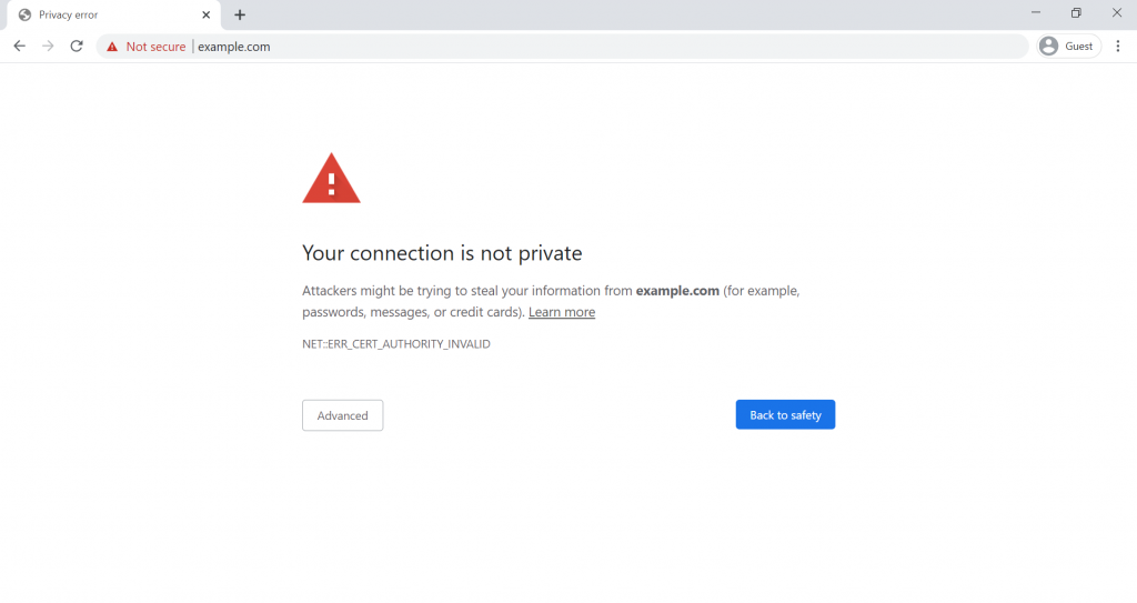 The "Your Connection Is Not Private" error message on the Chrome browser