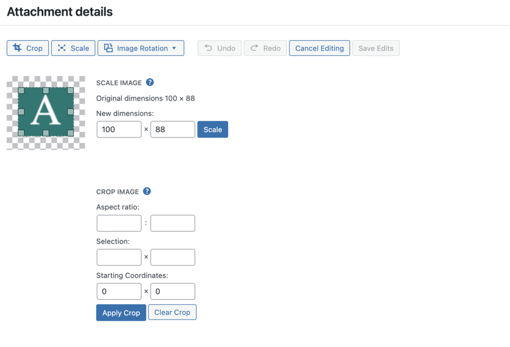 Image editing options in WordPress