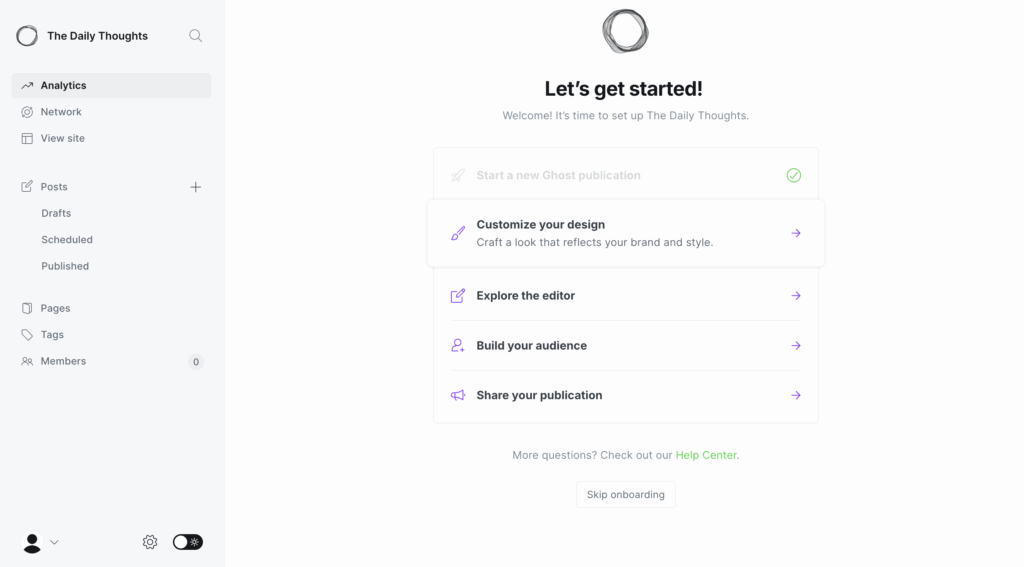 Ghost initial onboarding dashboard