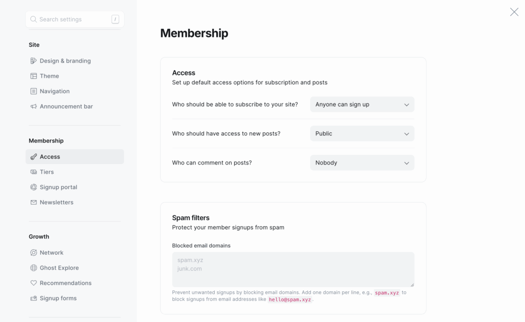 Ghost membership settings